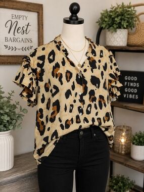 Sunshine & Rodeos 3XL Leopard Ruffle Sleeve Blouse NWT